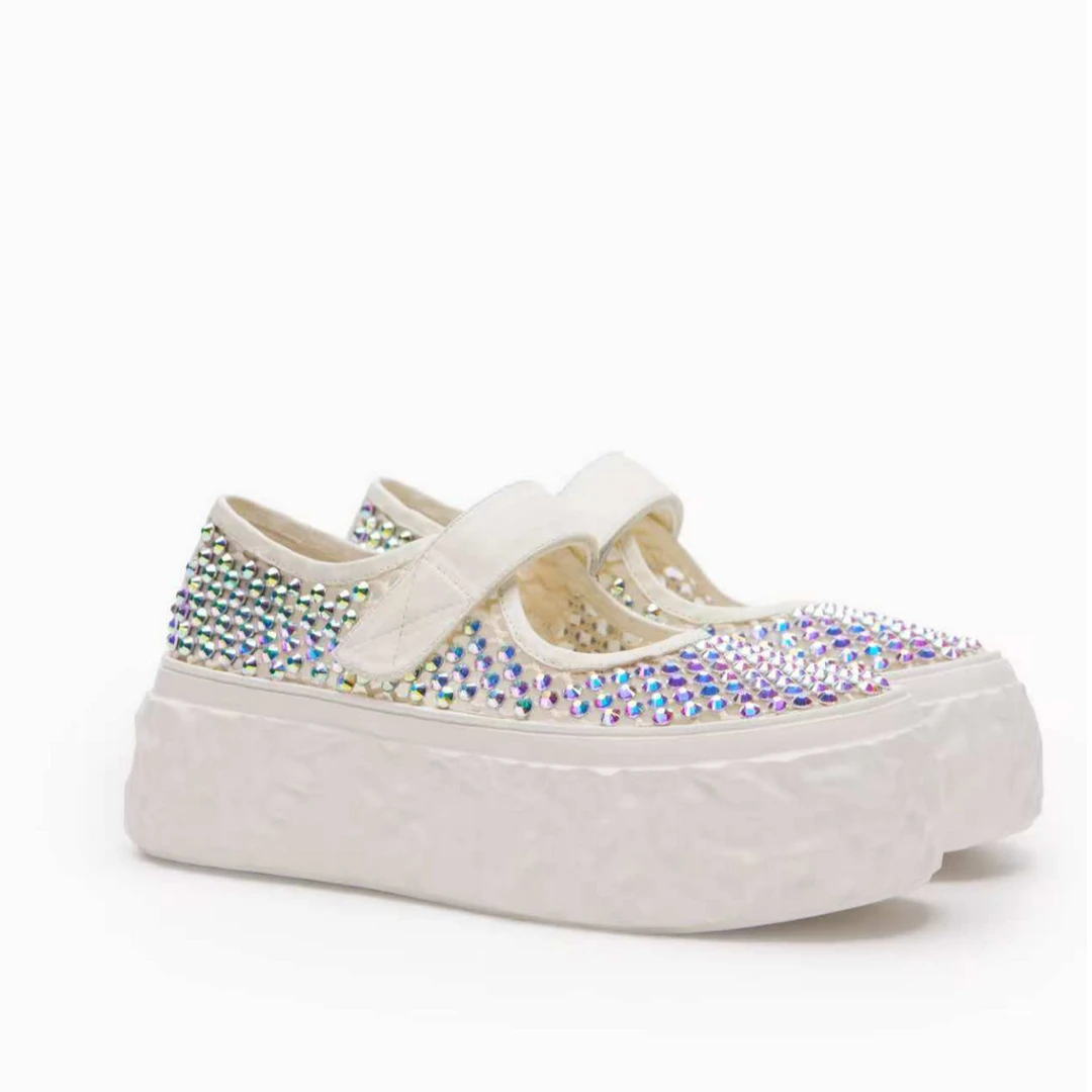 透气网面镂空真皮满钻圆头厚底休闲半拖凉鞋女鞋15A3061