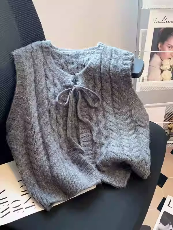 职业阿玛诗官2025秋冬款麻花绑带针织马甲毛衣衬衫叠穿坎肩背心女