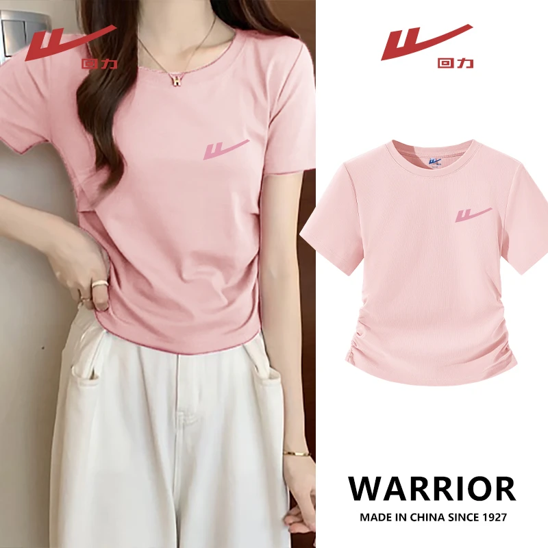Warrior/回力圆领抽褶正肩显瘦短款T恤运动修身设计感2025新款女