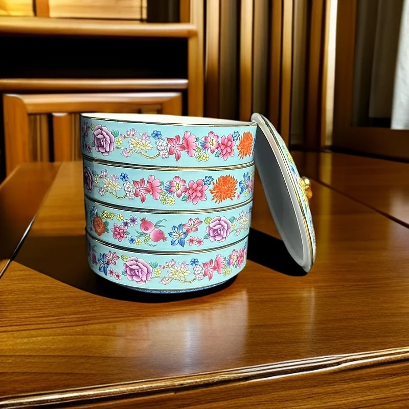 ZY-ZH-A139湖蓝描金万花果盒4层套装