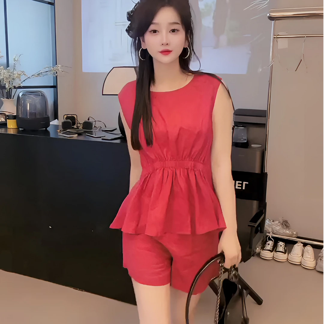 2025夏新款高端百搭气质娃娃款收腰无袖上衣+松紧腰阔腿短裤套装