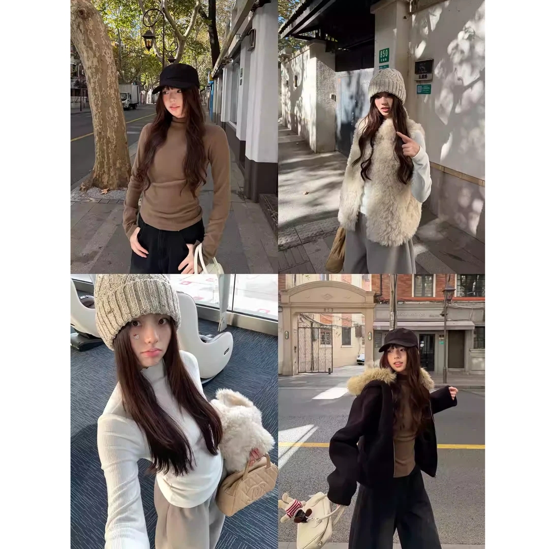 韩系辣妹修身百搭保暖打底长袖上衣半高领磨毛长袖T61968