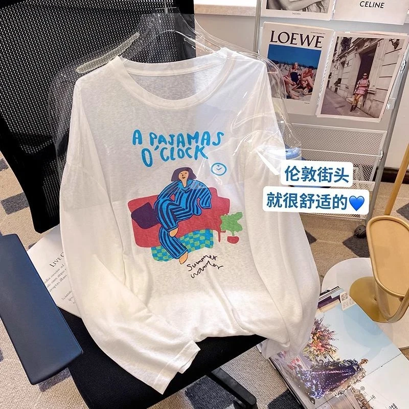防晒衣女夏季新款薄款冰爽透气宽松休闲卡通圆领长袖外搭防晒罩衫