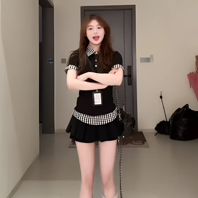 美式学院风黑色polo领夏季拼接格子打底衫女假两件正肩短袖上衣