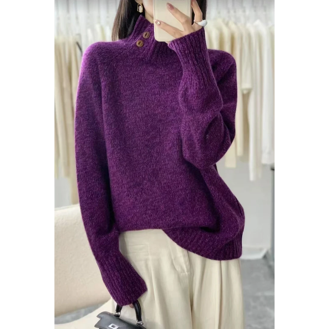 2024冬季新款厚款花纱套头宽松百搭毛衣网红半高领ins韩版上衣