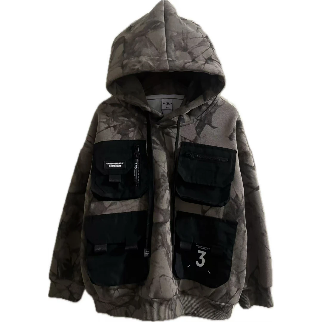 潮童035新年扎染字母工装立体口袋连帽卫衣红色时尚男童带帽