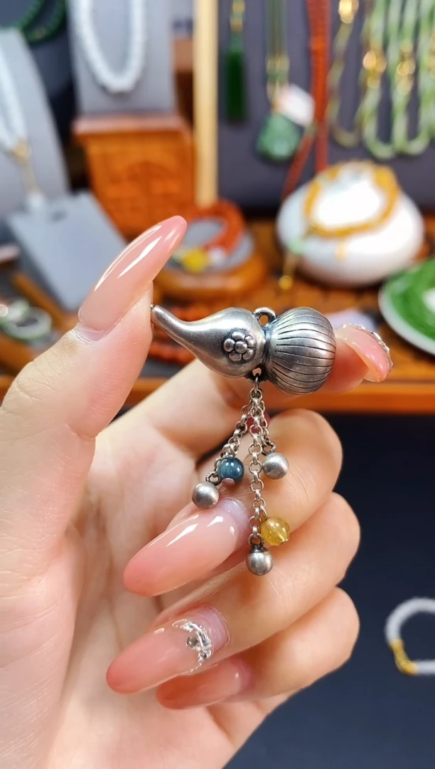 颈饰足银镶嵌碧玺葫芦颈饰配件