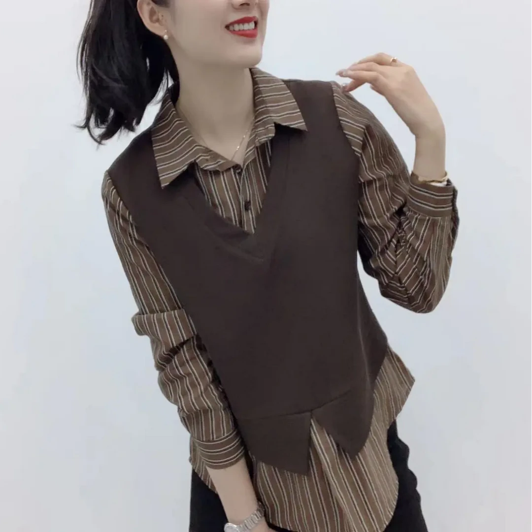 【茶芙巷】春秋新款假两件拼接长袖衬衫女士条纹时尚洋气【ZS】