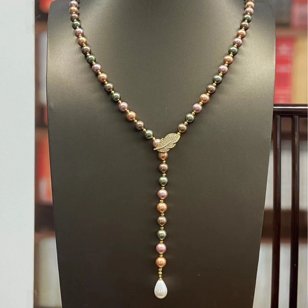铜合金项链 时尚简约珠珠彩色叶子设计百搭长款毛衣链