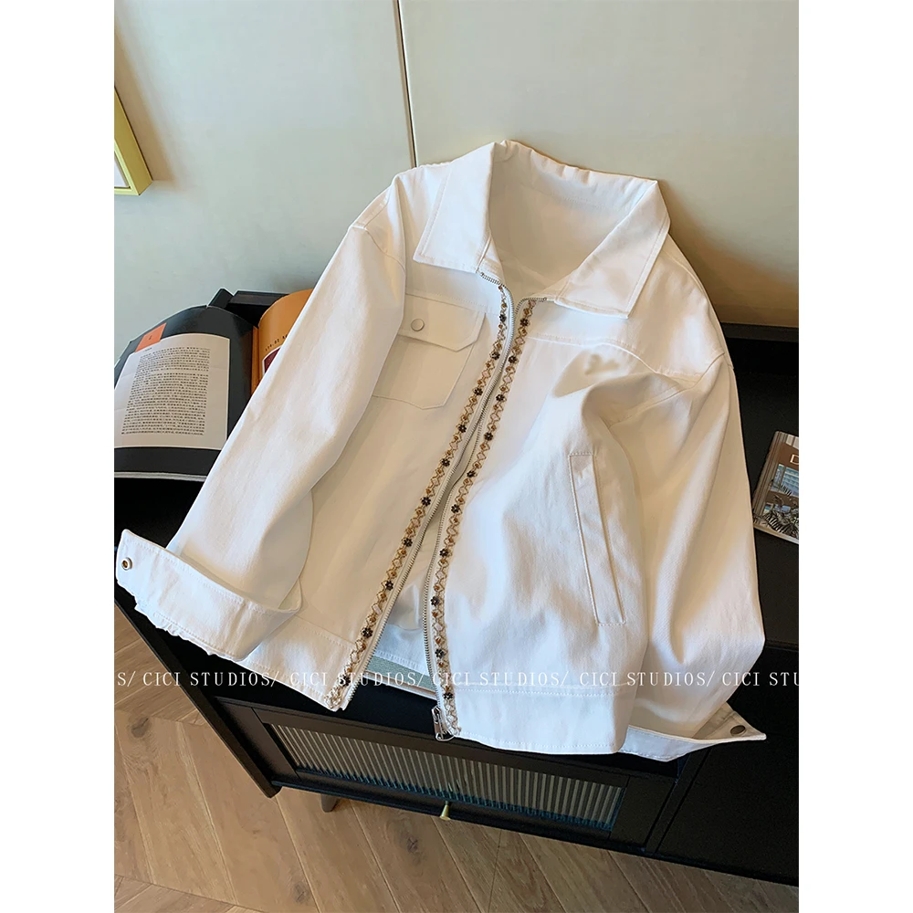 白色钉珠设计翻领夹克外套女2025秋季新款设计感宽松百搭休闲上衣
