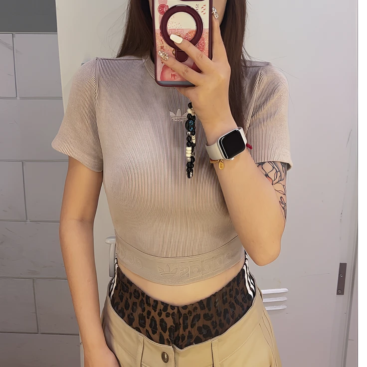 Adidas三叶草ESSENTIALS RIB 露脐运动修身短袖T恤JW3577 JW3573