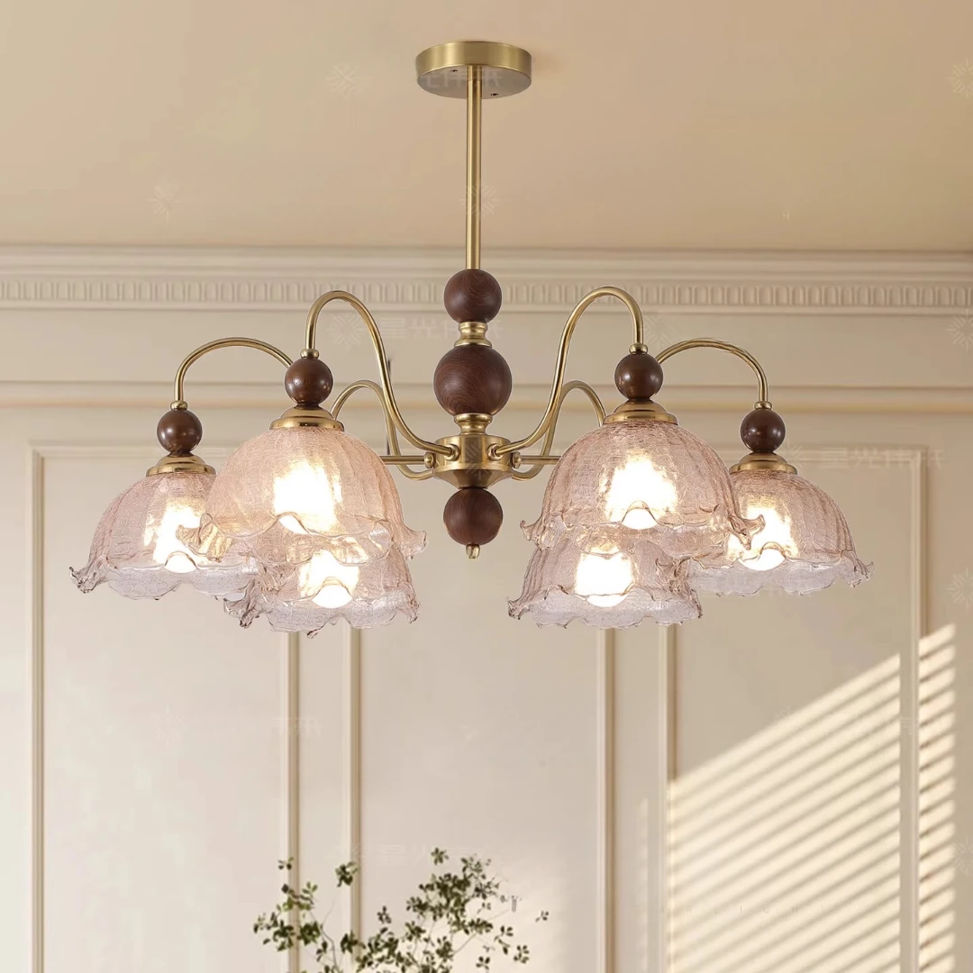 法式中古玻璃吊灯vintage复古卧室书房美式胡桃色花朵客厅餐厅灯