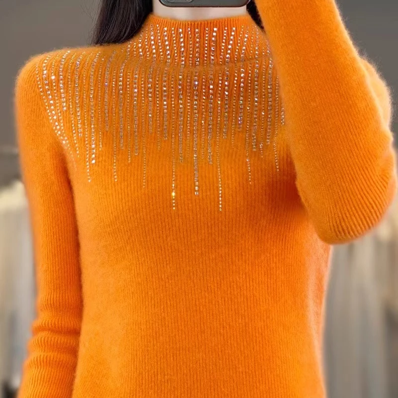 100纯羊毛一线成衣贴身抽条半高镶钻内搭D150清