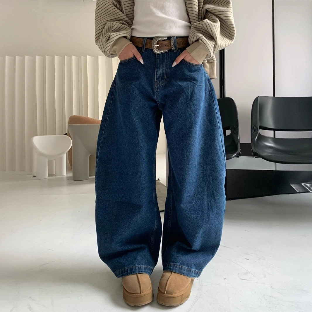 大码美式复古做旧蓝弯刀牛仔裤女秋季宽松百搭休闲松弛感阔腿裤子
