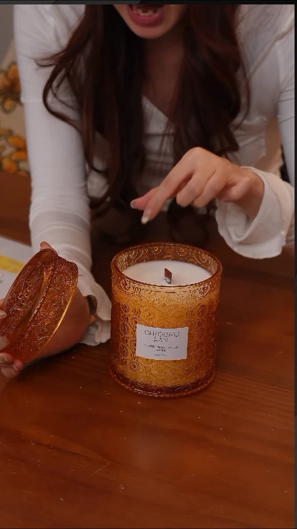 陶113-意大利choefulan浮雕繁花玻璃杯香薰蜡烛 乌木檀香550g