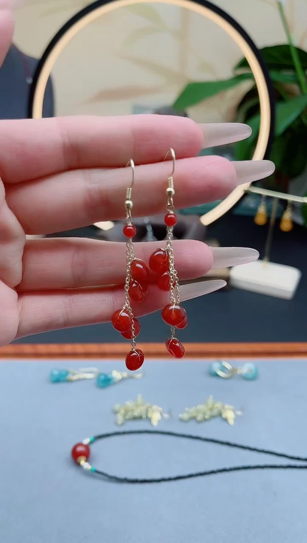 玛瑙/玉髓耳饰银S925镶嵌1算盘珠红