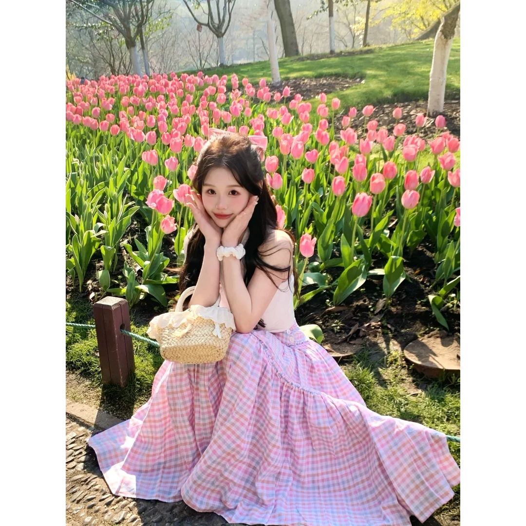 【无敌春日氛围感】韩系大摆缤纷格子A字春夏收腰显瘦百褶半身长裙