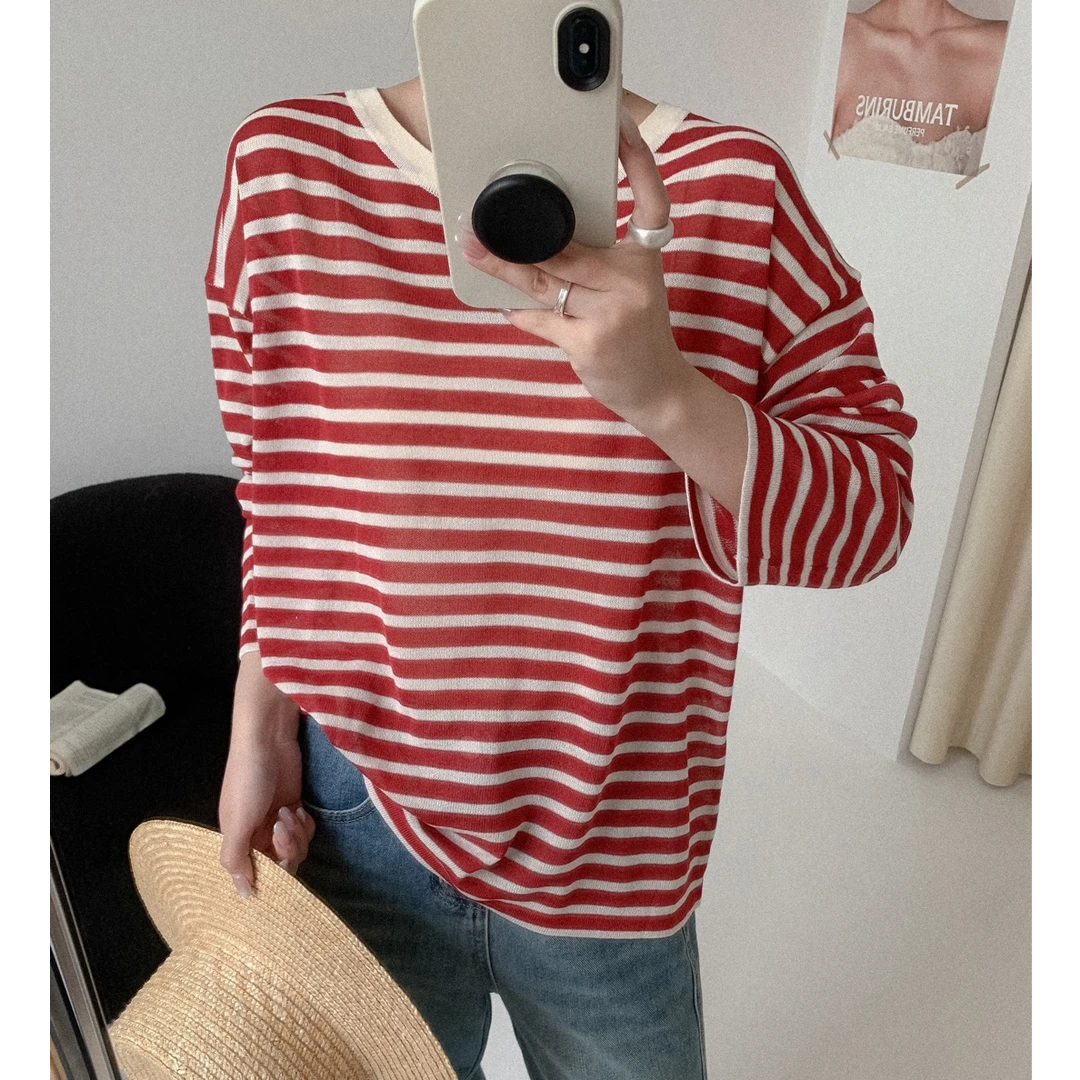 夏季新品【长袖红条】圆领套头宽松慵懒风条纹薄款防晒罩衫 98085