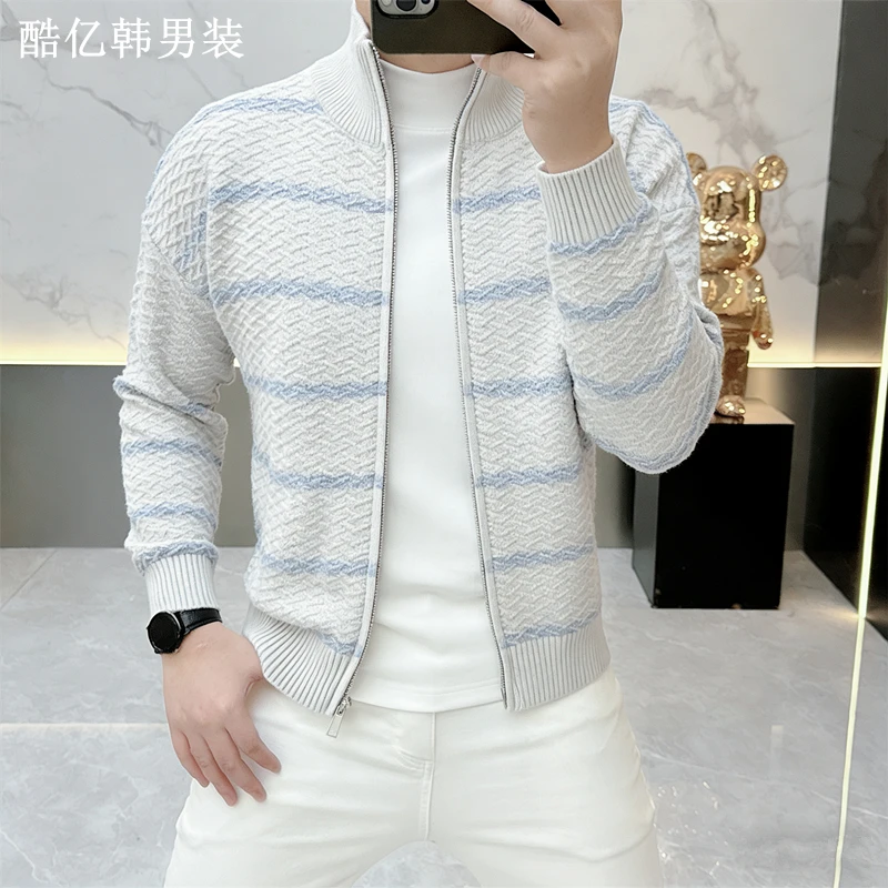 轻奢男装秋冬新款潮牌针织开衫外套男翻领修身时尚毛衣条纹潮1124