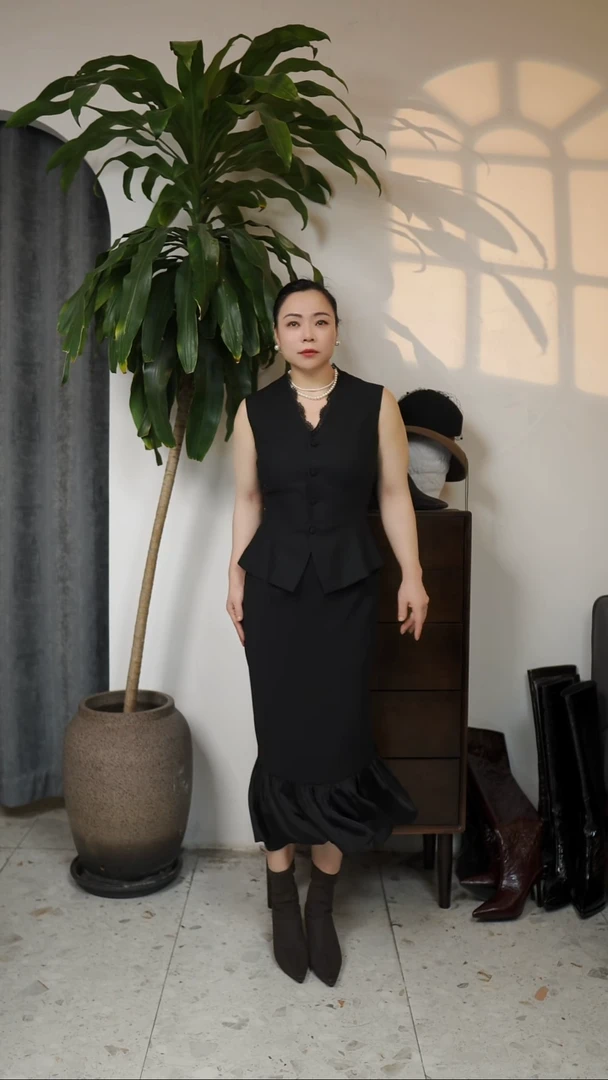 蕾丝花边V领马甲小鱼尾半裙套装，黑色，L