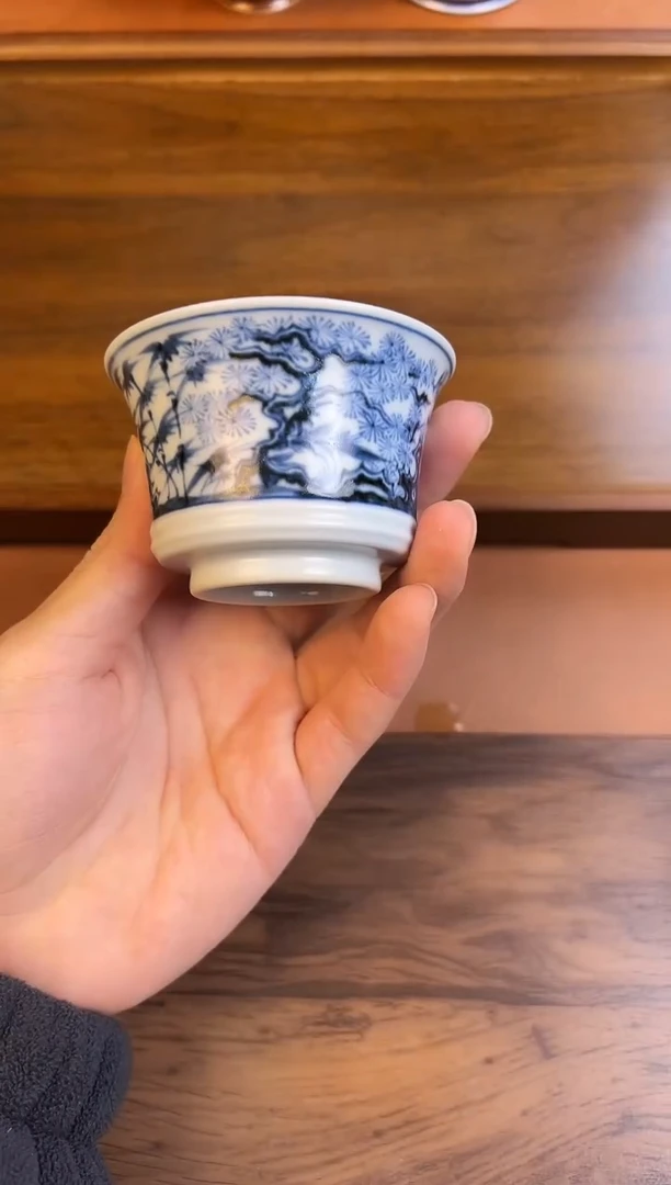 问青坊纯手工手绘青花仿元松竹梅柴窑马蹄杯
