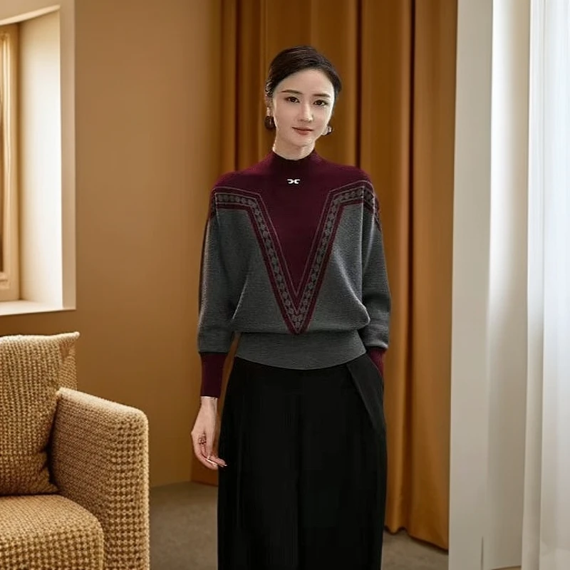 俞兆林女款2024新款冬季慵懒高级感女士半高领打底衫撞色针织衫上