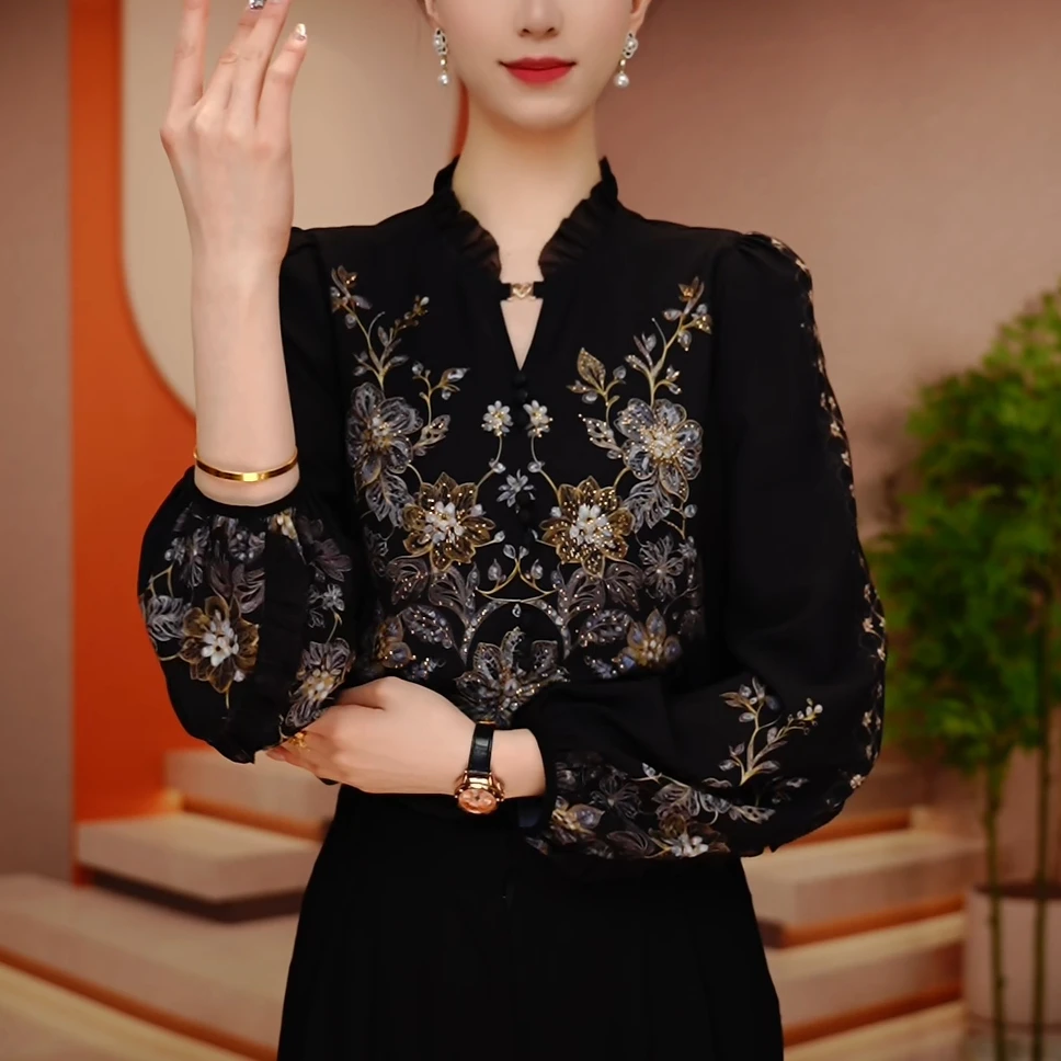 风穗-夏季上新新款洋气百搭设计长袖套头立领上衣女宽松遮肉