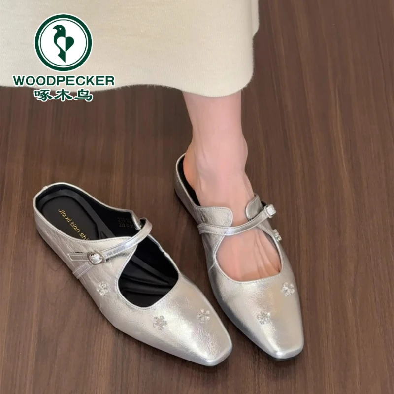 啄木鸟增高银色水钻包头半拖鞋女鞋子外穿2025春夏季玛丽珍鞋单鞋