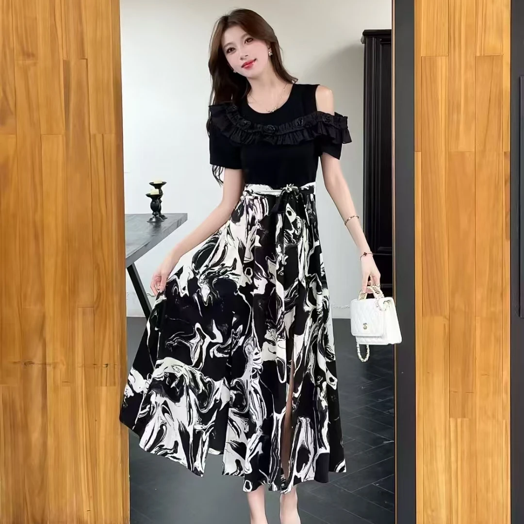 Opeodly复古高腰短袖修身显瘦夏季轻职风纯色连衣裙不规则泡泡袖