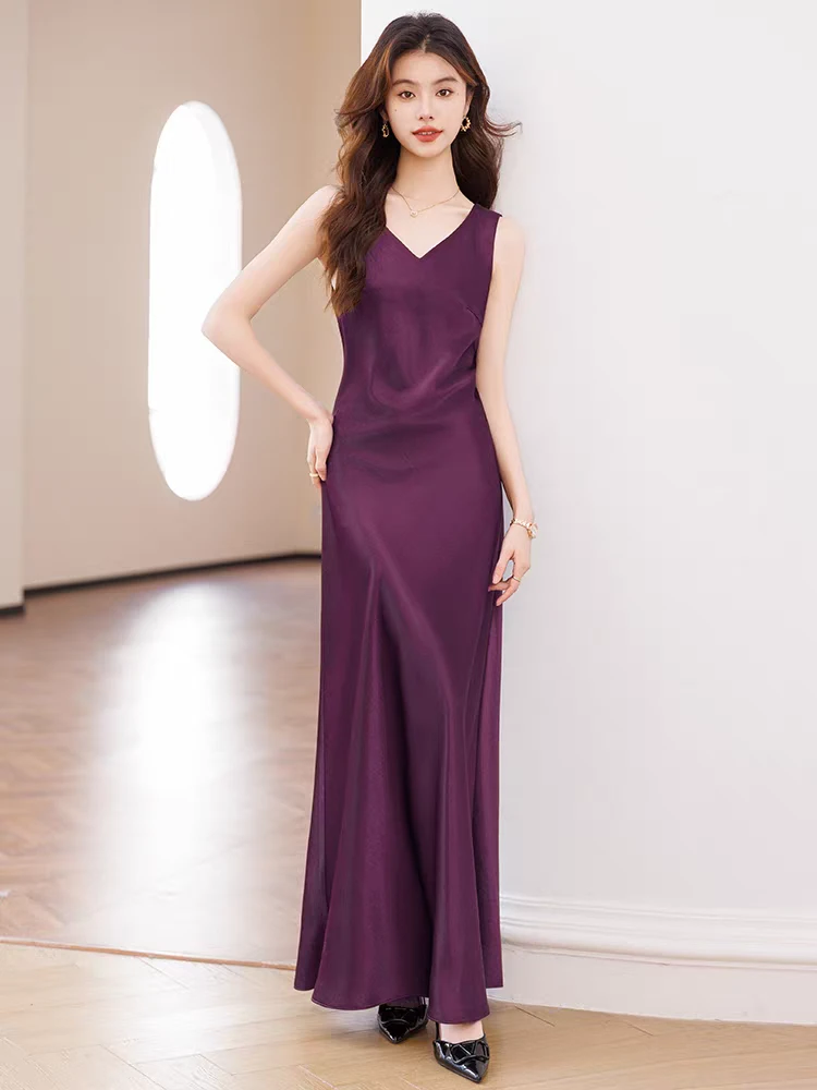 连衣裙女夏2025新款今年流行爆款裙子紫色醋酸高级感简单大方长裙