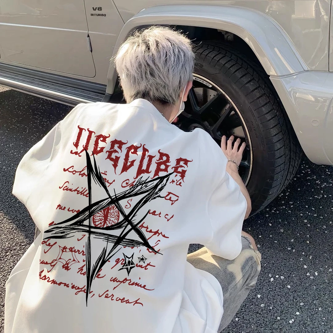 纯棉痞帅重磅星星印花男女夏季潮牌宽松男生衣服高级感