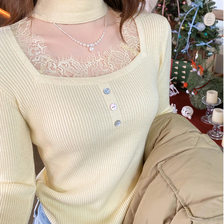 白色蕾丝挂脖针织打底衫女内搭2025秋冬季新款高级感毛衣修身上衣