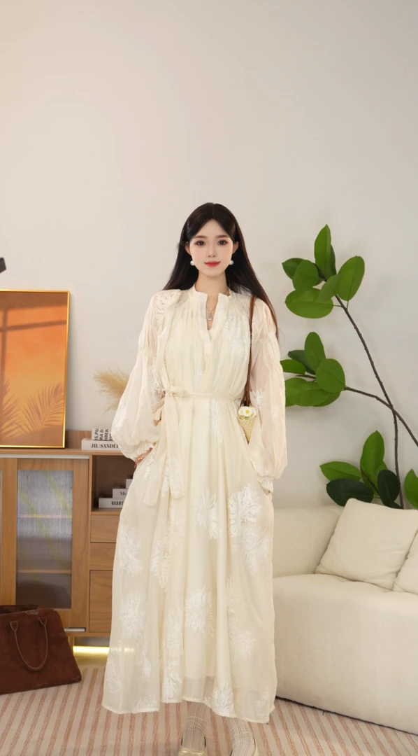 法式刺绣公主宽松显瘦灯笼袖长袖仙女长裙女装裙子轻奢白色夏季