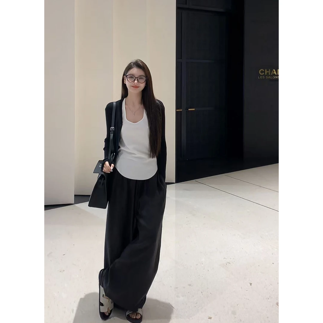 纸片人三件套 U领背心/坑条纹开衫/阔腿慵懒拖地裤 80165