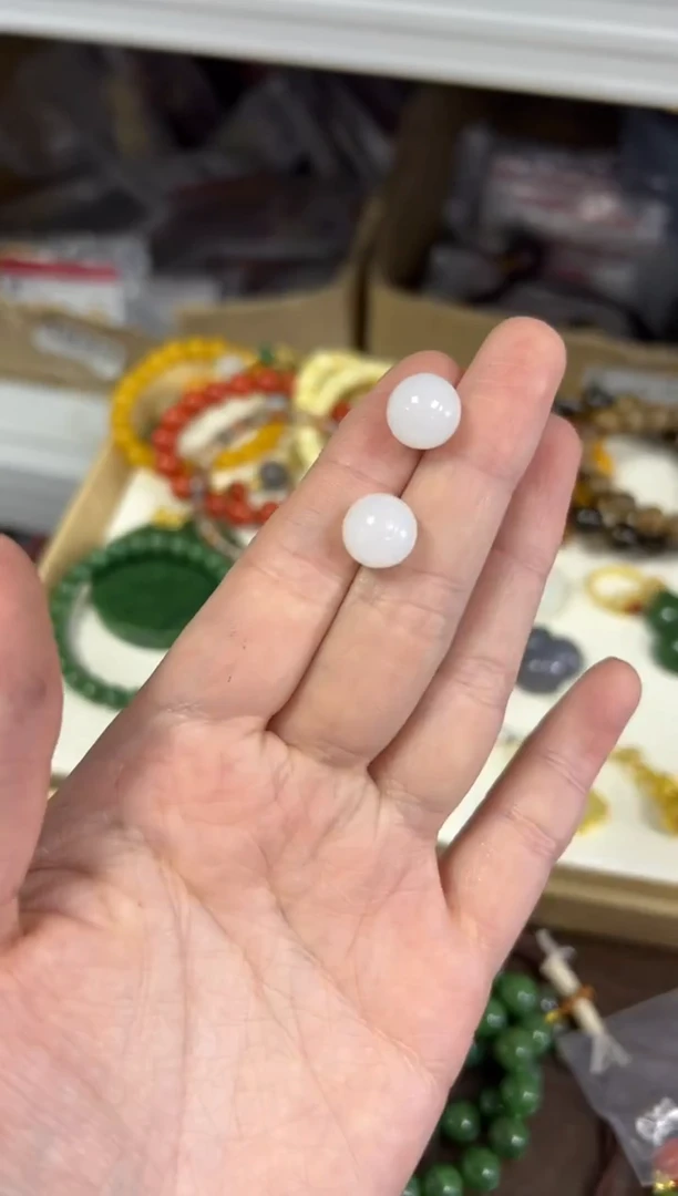 银S925镶嵌和田玉耳饰和田玉白玉圆珠银耳钉[53]