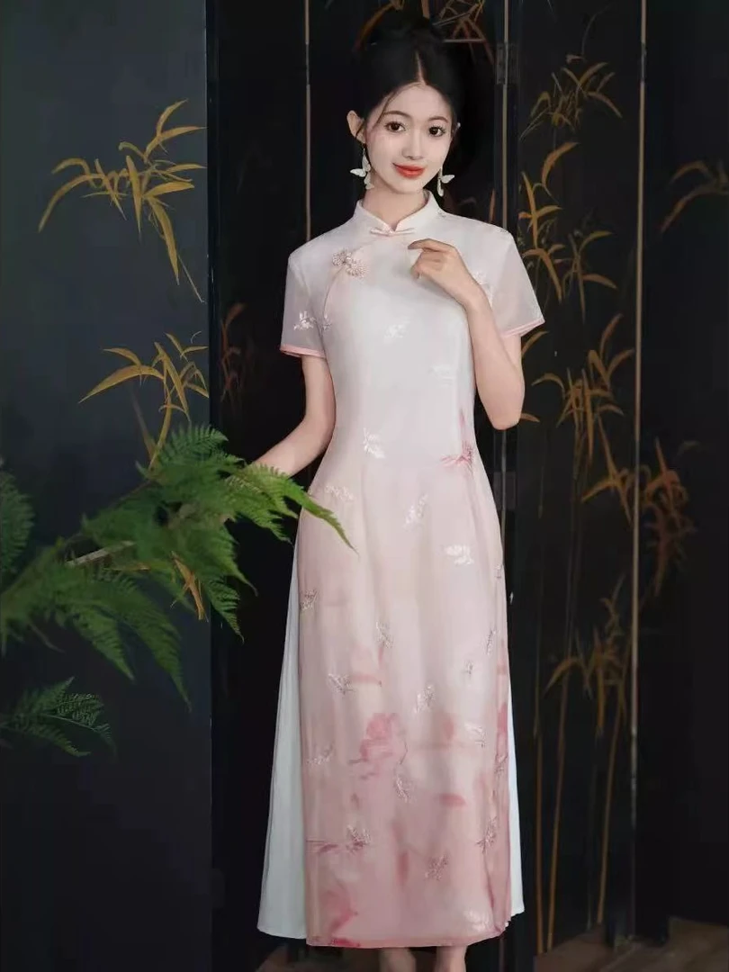 0863 粉色 渐变 蝴蝶 长款 奥戴【粉霞碟翼】 旗袍