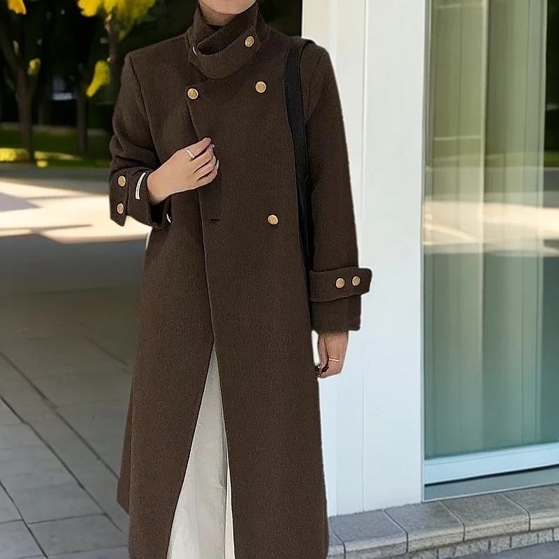金扣毛呢外套外套长款双面羊毛大衣秋冬立领女装系带设计师中长款