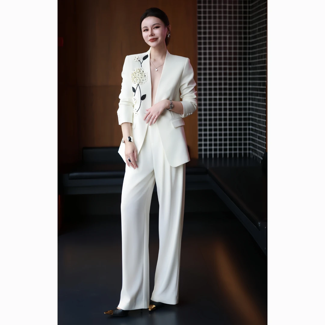 ZEROYK极简风优雅时尚套装高级感立体花朵职业西服长裤通勤两件套
