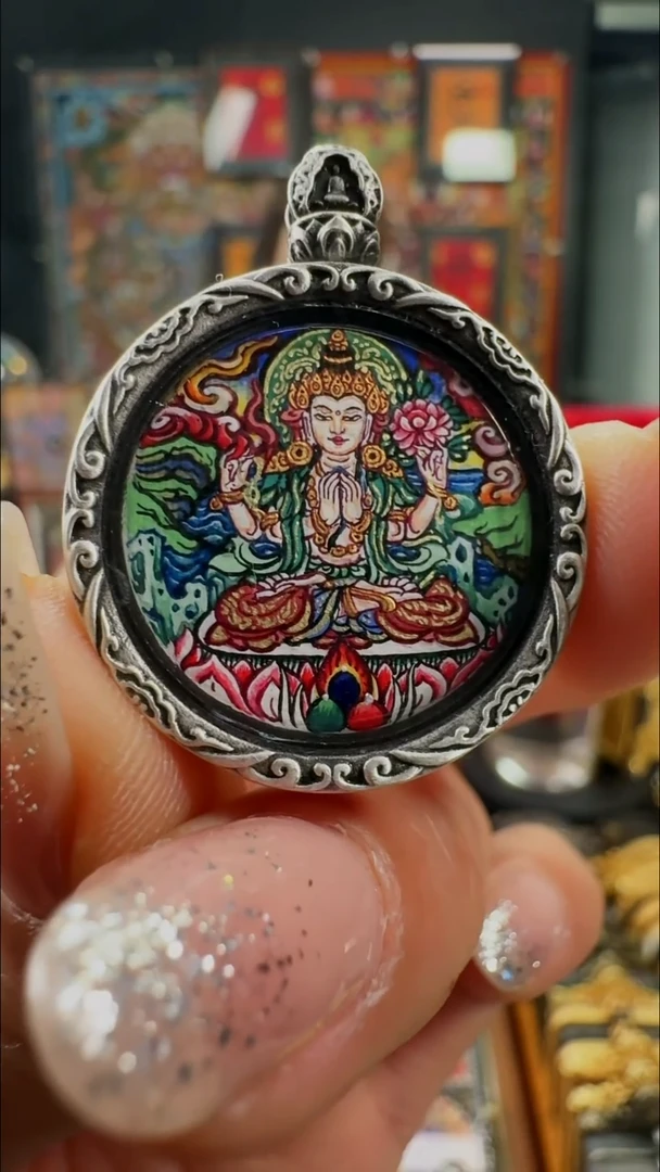 吊坠壹善缘城手绘唐卡四臂观观2.0双面银壳