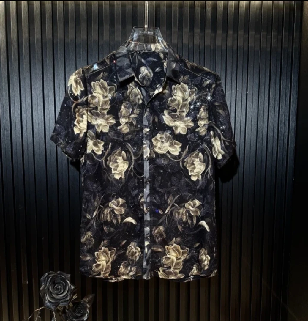 短袖衬衫男士衬衣时尚休闲夏季复古潮流薄款印花半透明修身上衣男