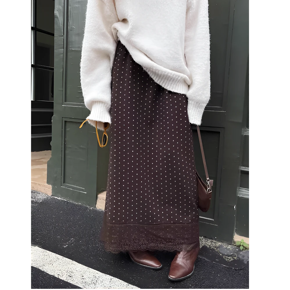 早春新款拼接蕾丝高级感直筒后开叉波点半身裙2025新款设计感裙子