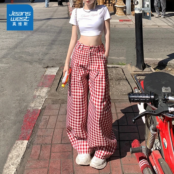 红色格子辣妹阔腿裤女春夏新款高腰宽松百搭撞色直筒休闲拖地长裤