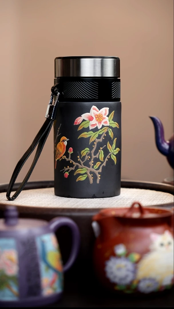 茶壶紫砂云雾天青随行杯泥绘黄鸟