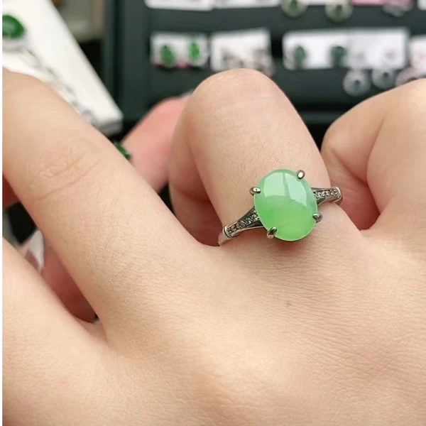 鑫辰珠宝天然A货翡翠银镶嵌设计款开口女戒指时尚百搭