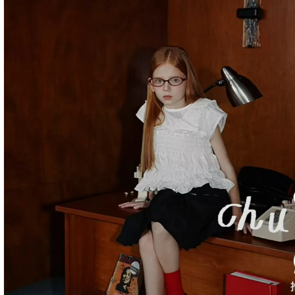 CD-7008-儿童春秋纯色字母印花百搭韩版韩版抽皱上衣