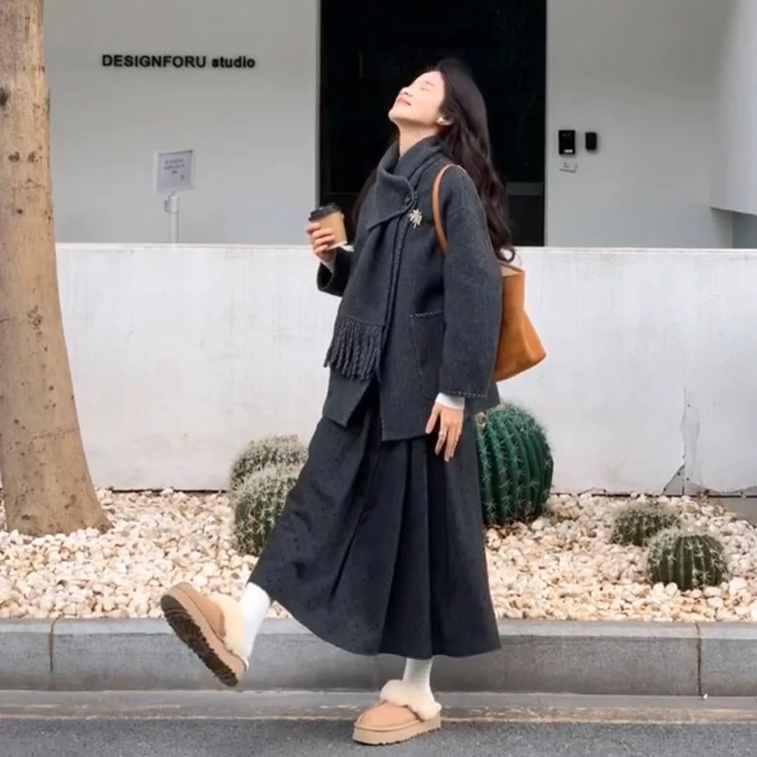 格雷系毛呢外套半身裙套装女秋冬季新款宽松大衣A字裙气质两件套