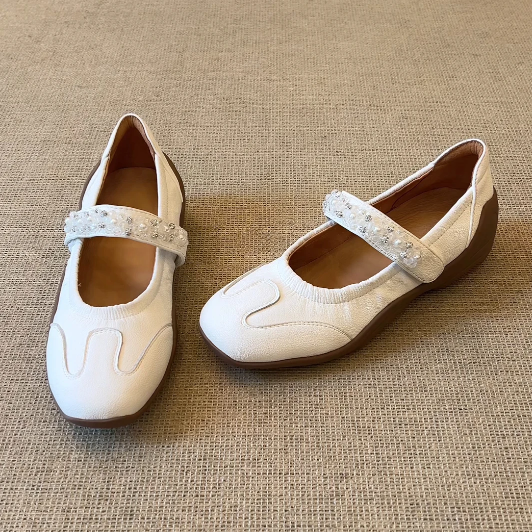 RubyL/3cm时尚通勤串珠魔术贴百搭柔软舒适圆头浅口厚底单鞋女款