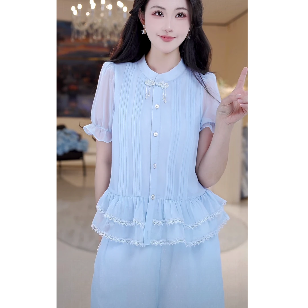 休闲盘扣蕾丝边长裤套装814556+814557