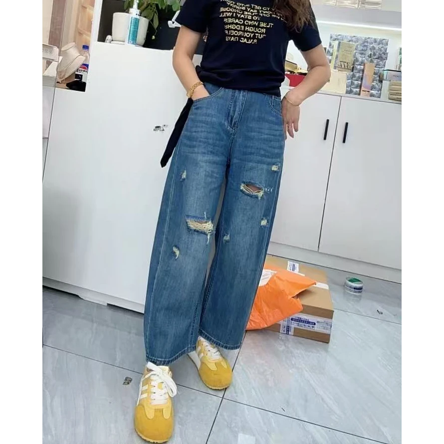 苗苗家新款弯刀破洞牛仔八分裤6216