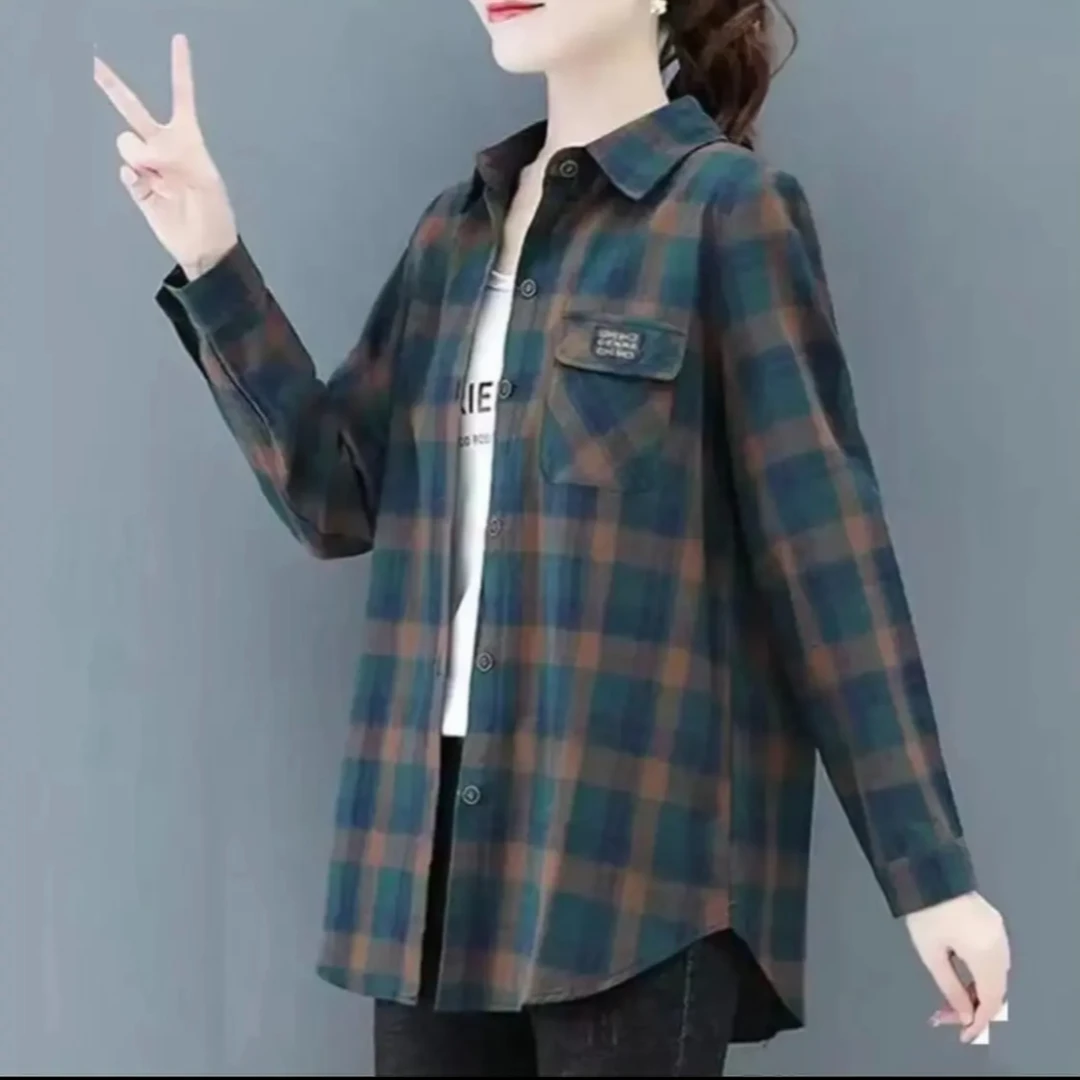 2025春季新款格子衬衫外套时尚洋气妈妈装中长款衬衣长袖上衣